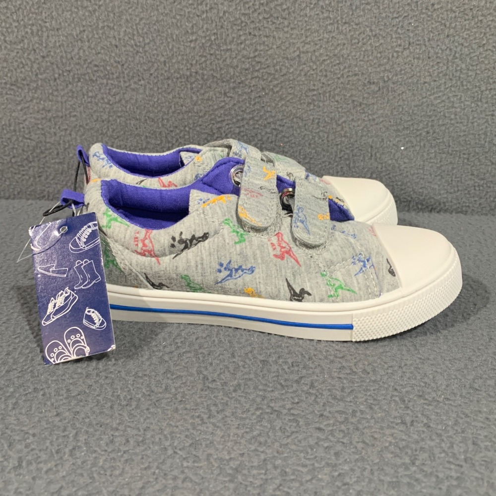 New Dinosaur Print Sneakers Kids Size 12 Gray Hook and Loop Dino Shoes School